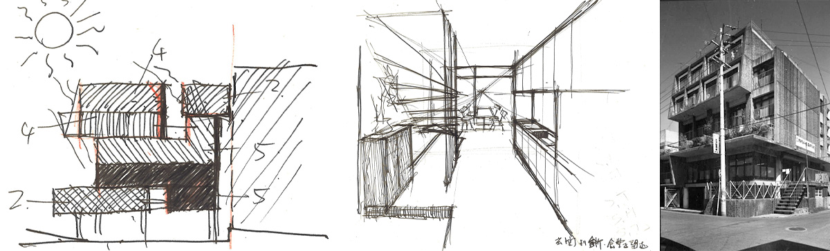 左：アビタシオンをイメージしたメゾネットスケッチ（筆者）中央：メゾネット玄関からのスケッチ（筆者）右：フンドーキン・マンション完成写真_1968年（筆者撮影）