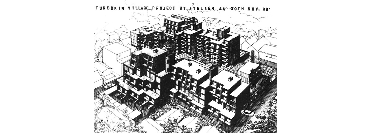 パース：大分中央町再開発「フンドーキン・ビレッジ計画案」図、一番後方がフンドーキンマンション（筆者）