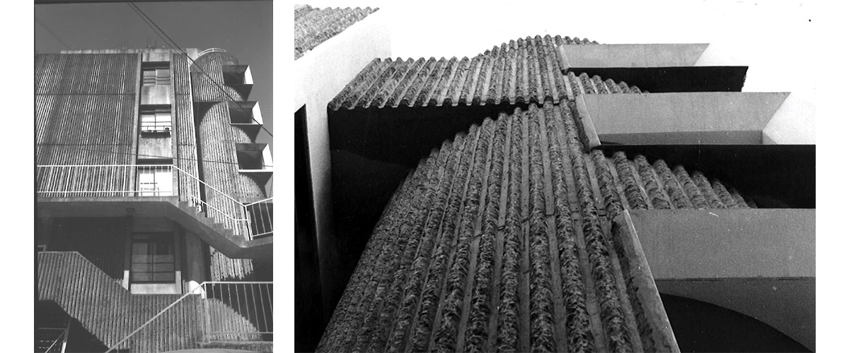 パース：左：フンドーキン・マンション東面_1968年（筆者撮影）右：フンドーキン・マンション階段リブ_1968年（筆者撮影）