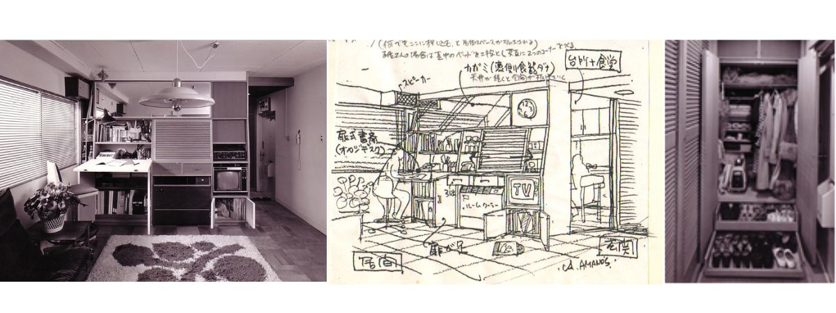 左写真;収納ロボットのデスクが開いて書斎に。右奥が玄関中イラスト;LDK真ん中に収納ロボット。右が玄関手前リビング;スケッチ天野彰。左写真;大容量玄関クロゼット、左の目隠しガラリ奥がDK、右玄関ドア