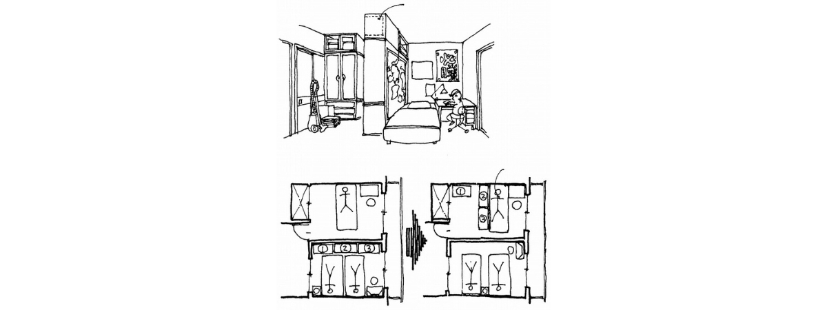 ６畳をタンスで仕切って納戸を増やしコクピットのような子ども部屋に
