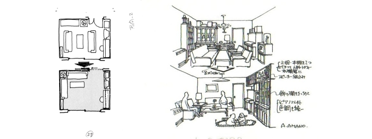 イラスト左:家具家電を積み上げると部屋がこんなに広くなる／イラスト右:６畳一間を２人の子に立体的に仕切る（図:天野彰）