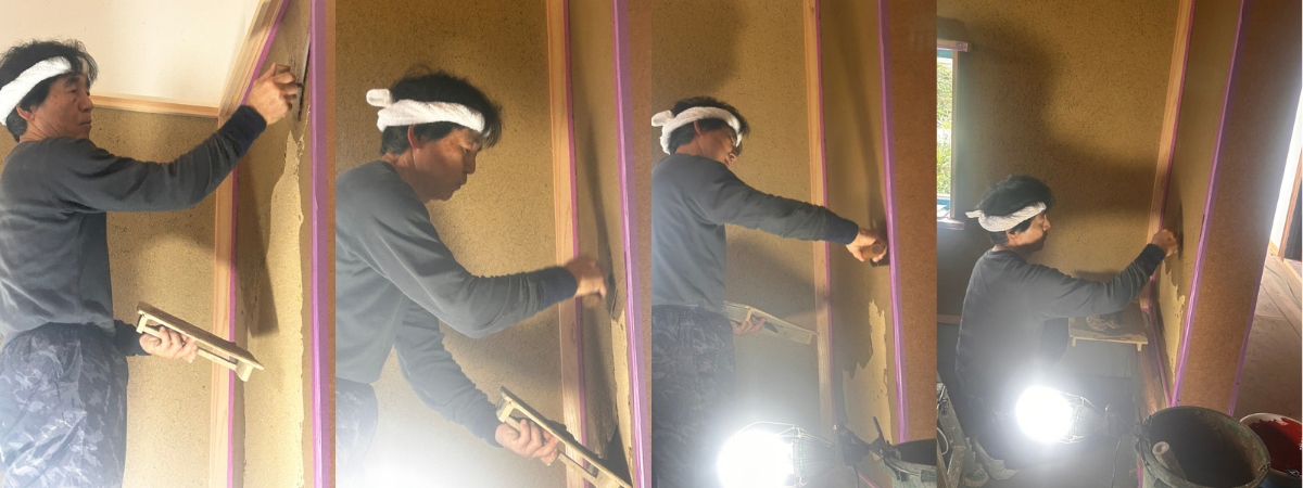 写真:作業開始前の壁の様⼦。⼟壁の下地が丁寧に施されている。この上に、幾重にも⼟が塗り重ねられ、磨き上げられる。写真:⾚べんがらを混ぜた材料を準備する職⼈。⾊合いの調整も重要な⼯程だ。この⼟が、やがて鏡⾯のような輝きを放つ壁へと変貌する。