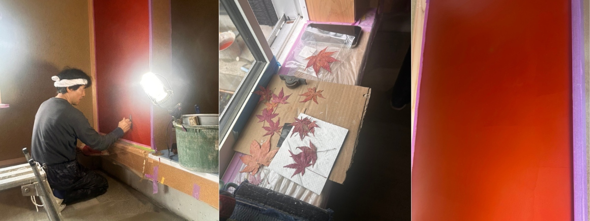写真:熟練の職⼈による鏝さばき。壁が徐々に磨き上げられ、光沢が⽣まれていく様⼦がわかる。この繊細かつ⼒強い動きが、⼤津磨きの真髄である。