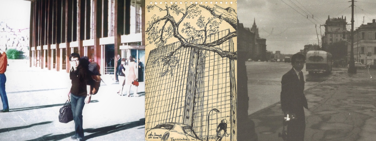 写真：バックパック一つでヨーロッパ無銭旅行、若い！筆者 はがきにレポートし教授に毎回送付