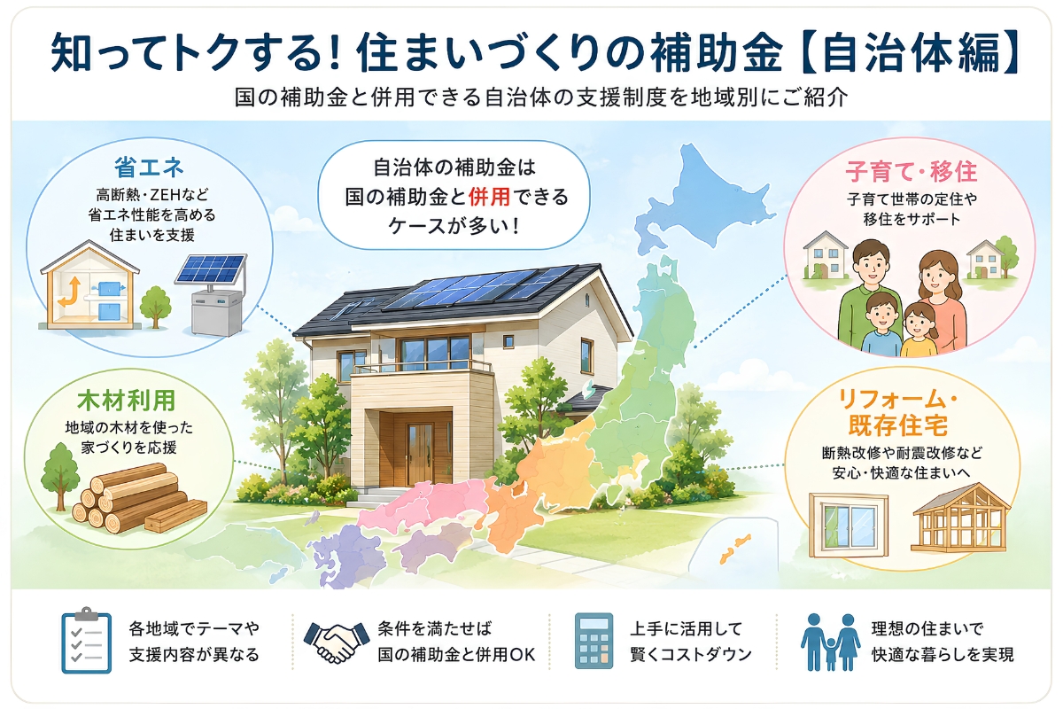 自治体の住宅補助金には省エネ・ZEH・子育て支援・木材利用・移住支援などさまざまな制度があるイメージ