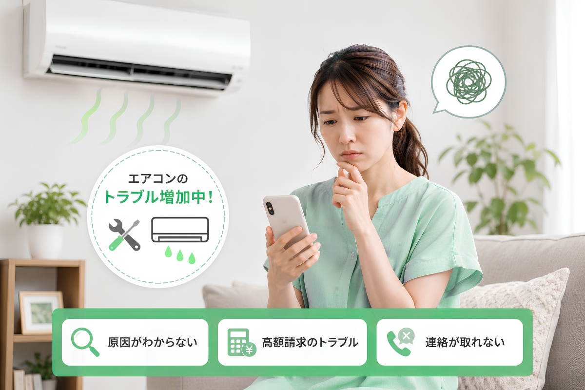 エアコン修理業者をネット検索し、修理トラブルや高額請求を心配する女性