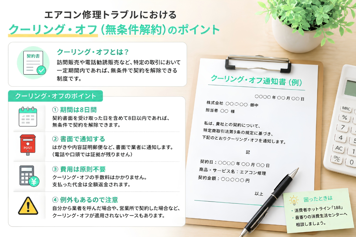 エアコン修理トラブルで利用できるクーリング・オフ制度のポイントを解説するイメージ