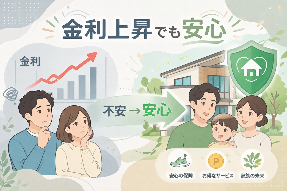 金利上昇時代でも安心して住宅ローンを選ぶためのポイントを表現したイラスト。団体信用生命保険(団信)や疾病特約を活用し、家族の暮らしを守る住宅ローン選びを解説。