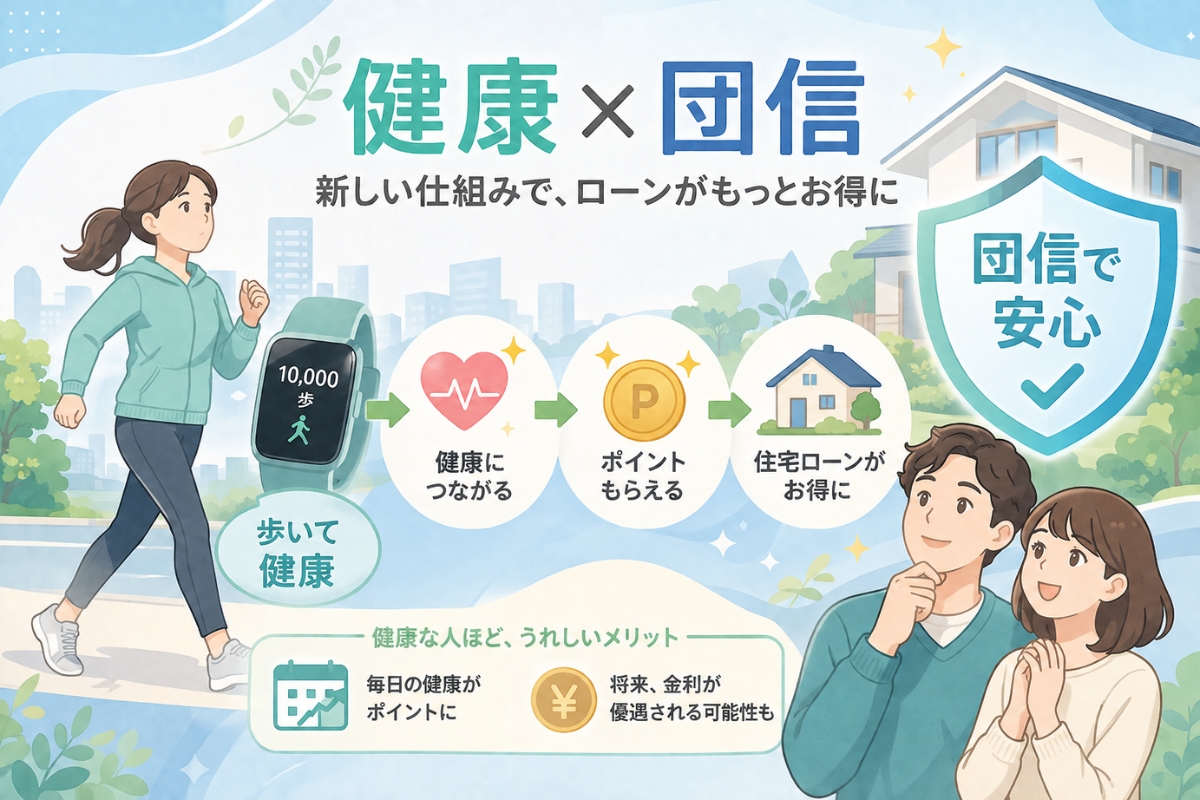 健康増進型団体信用生命保険(団信)の仕組みを表現したイラスト。歩数や健康管理によってポイント還元や住宅ローンの優遇につながる新しいサービスを解説。