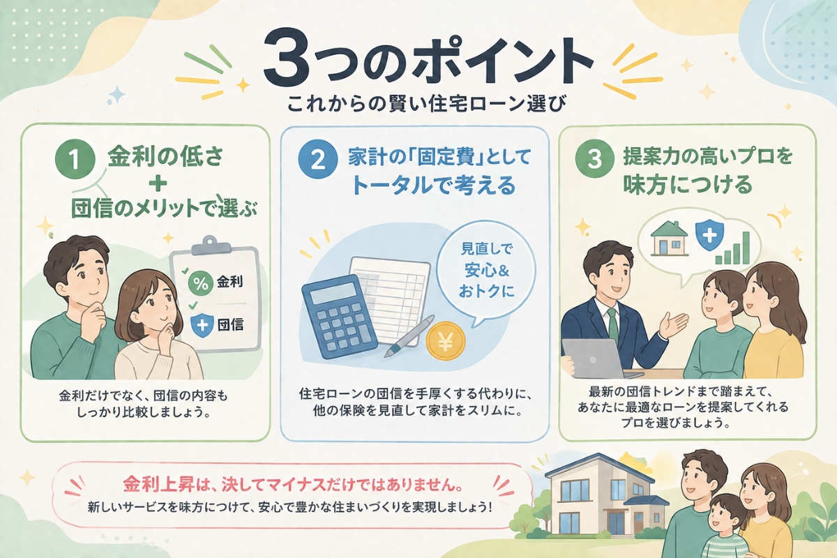 金利だけでなく団体信用生命保険(団信)、家計の見直し、専門家への相談を含めた賢い住宅ローン選びの3つのポイントをまとめたイラスト。