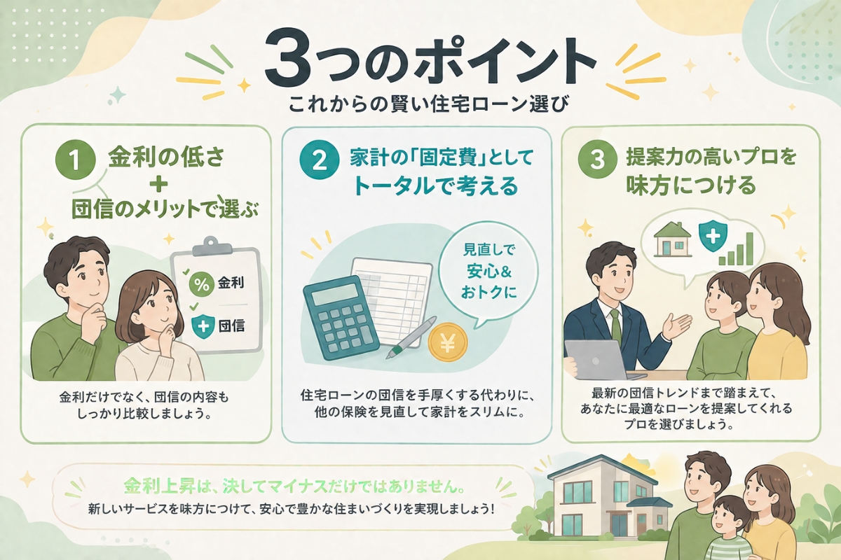金利上昇時代でも安心して住宅ローンを選ぶためのポイントを表現したイラスト。団体信用生命保険(団信)や疾病特約を活用し、家族の暮らしを守る住宅ローン選びを解説。