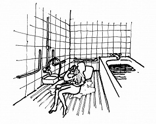 洗い場に敷いたスノコの上で転がりながら体を洗う！（イラスト：天野彰）