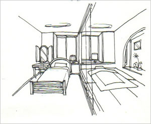 「夫/婦寝室」左が妻のベッド、右が小上がりの夫の座敷