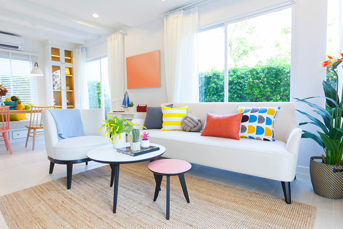 Modern design of living room with yellow,blue and orange pillow on sofa with green plant pot.