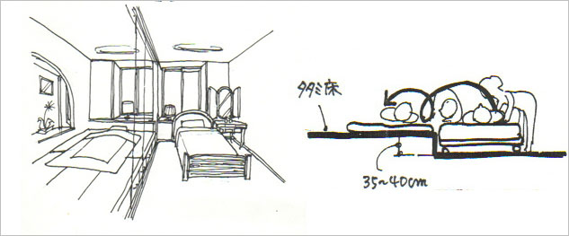 小上がりの畳空間とベッドのプランとその断面、小上がりとベッドの段差を利用したシーツの交換