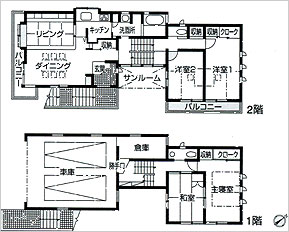 右が1，2階　左が中二階のスキッププラン（画：天野彰）