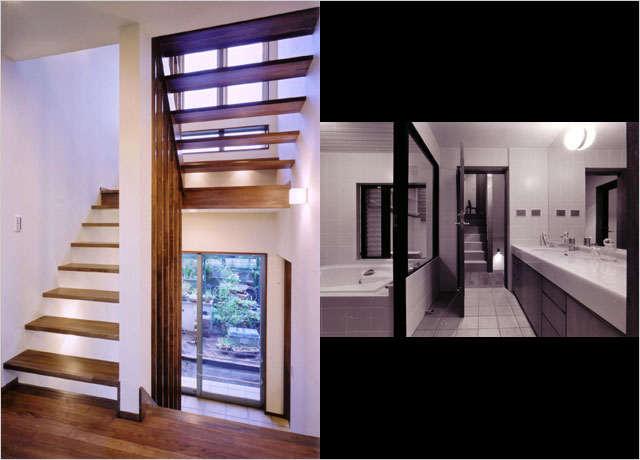 手前中2階、階段下が1階リビング　写真（右）：階段上がリビング下が寝室T様邸（天野彰）