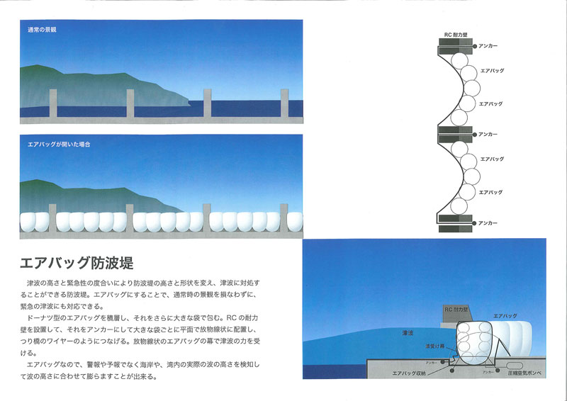 左 津波を減衰させる「簡易な防潮堤」、右・いざと言うとき駆け込める「囲われた家」(画:天野彰)