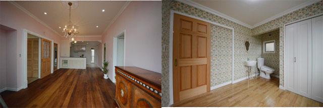 左：クレイペイントの壁と無垢フローリング 右：ウイリアムモリス「デイジー」柄の壁紙に囲まれた障害者用の部屋