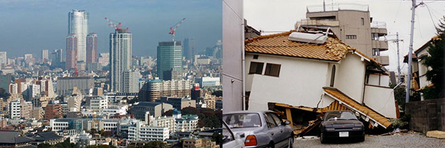 左：ますます高層化される一部の地域　右：反面住宅地には危険な家屋が建ち並ぶ(阪神大震災より（（天野 彰）