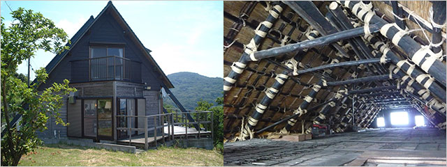 写真左：合掌造りの箱根山荘外観 写真右：合掌造りの屋根上層部（天野彰）