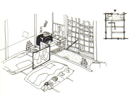 イラスト：くまさん八つぁんの江戸の裏長屋の住まい（筆者画）