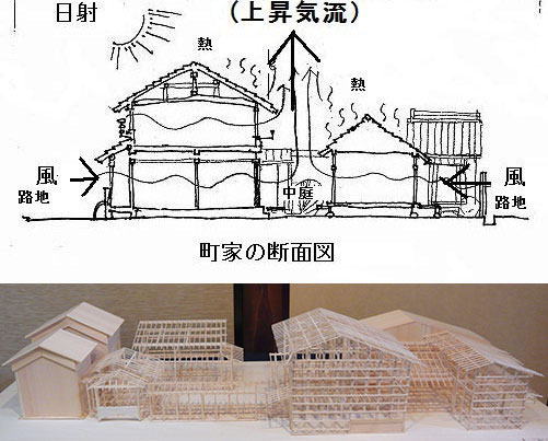 イラスト 京都町家の中庭の断面図「風通しの原理」（天野彰画）