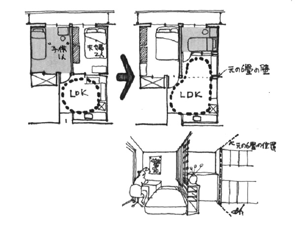 子ども部屋の間仕切りを引き戸にしてリビングと一体に（イラスト 天野 彰）