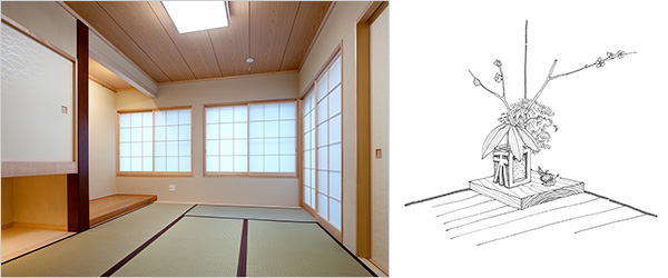  左 狭い中でも小上がりの座敷（都内N邸〉天野彰設計　右 たった一枚の板の床の間