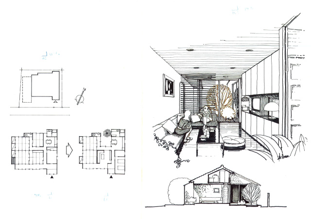 減築の原画となったプラン、同断面、減築後のリビングパースなど（画：天野 彰)