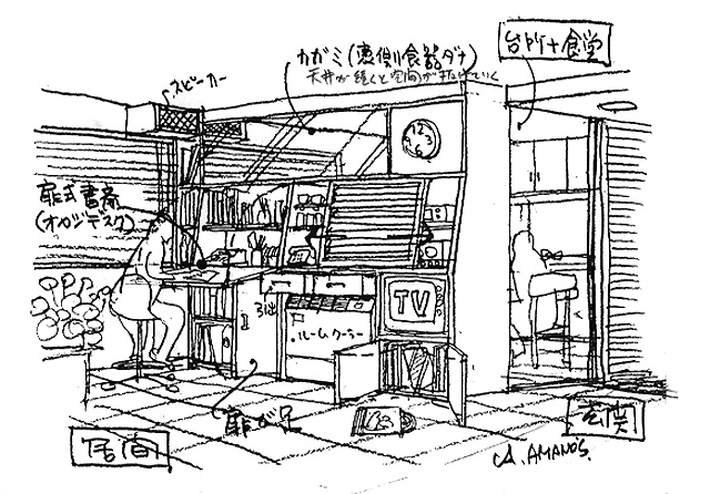 イラスト：家庭のすべてが見えるLDKに (スケッチ：天野彰)