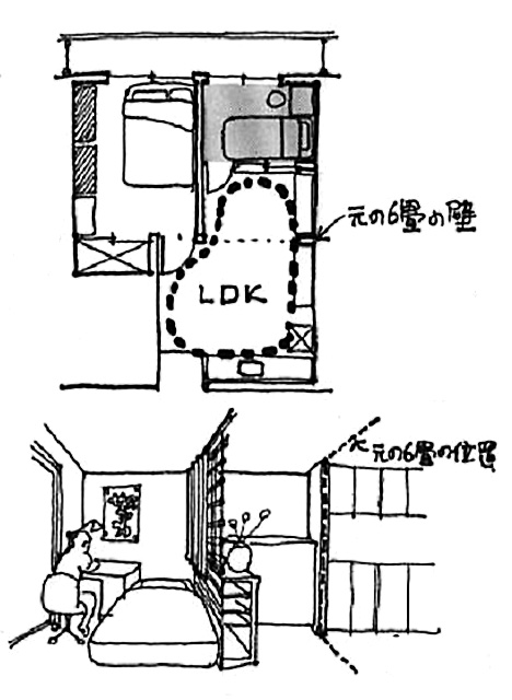 イラスト：今の2LDKの壁を透明にしたプラン(画：天野彰)