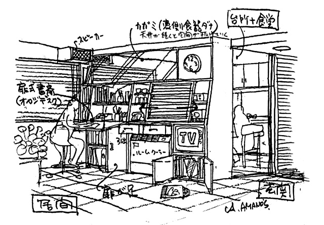 イラスト:LDKの中ほどにハッチでLとDKに仕切るスケッチ(画:天野彰)