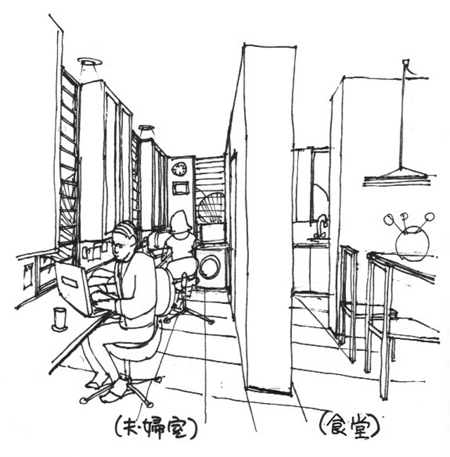 イラスト２：夫婦いつも一緒の仲良し書斎（画：筆者）