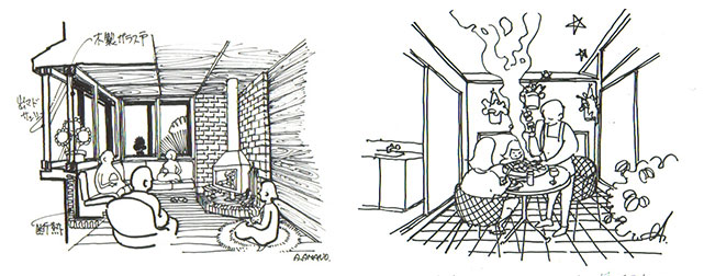 イラスト２：都会の中の山小屋木の家　中庭でバーベキュー（画：天野彰）