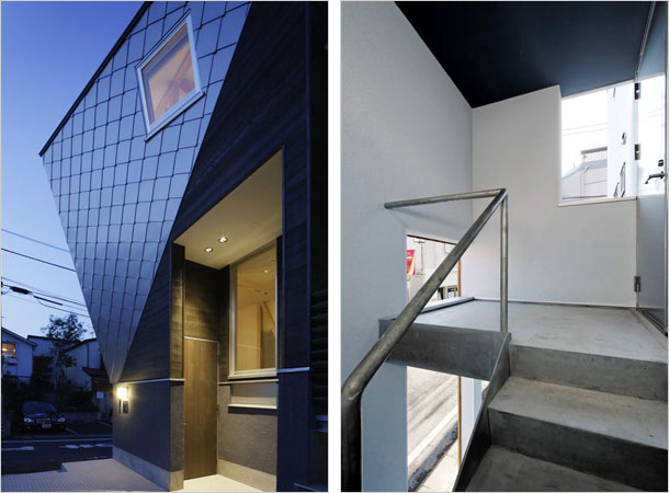 完全分離型 外部階段形式（左：1F部分の玄関『カドの家』 右：外部階段の例『本の栖』）