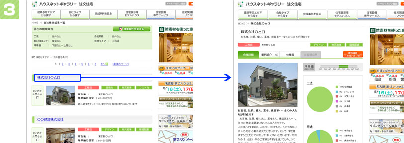 条件に合った会社の一覧画面が表示されます。会社名をクリックすると、詳細画面が表示されます。施工事例や標準仕様書なども見ることができます。