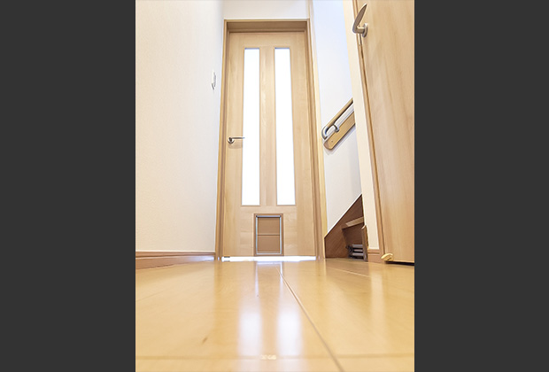 廊下からリビングへの入り口はペットドアに。猫ちゃんも自由に行き来できます。