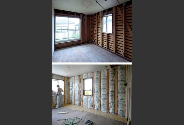 上段：2階洋室の解体状況　下段：1階ダイニング断熱材施工状況