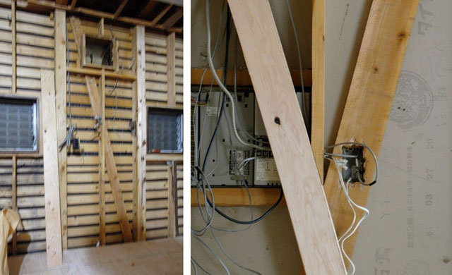 解体で判明した筋交いの欠陥　左：キッチン換気扇に切断された跡　右：スイッチボックス施工時に穴が開いた後