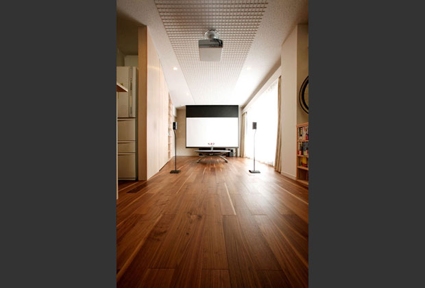 スクリーンは電動式で、リモコンひとつで天井に収納できます