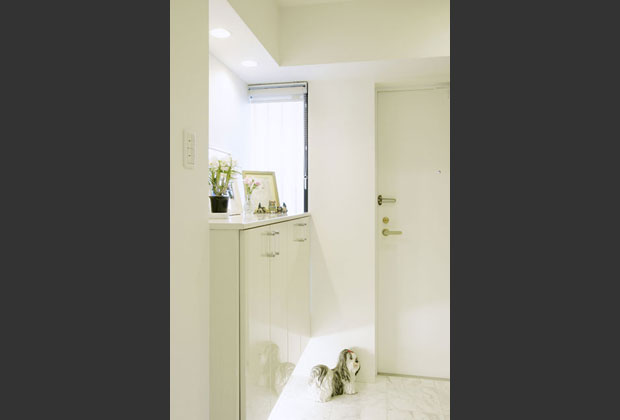 玄関　以前の壁をずらしたことにより出来た開口部で、暗かった空間が明るくなりました。