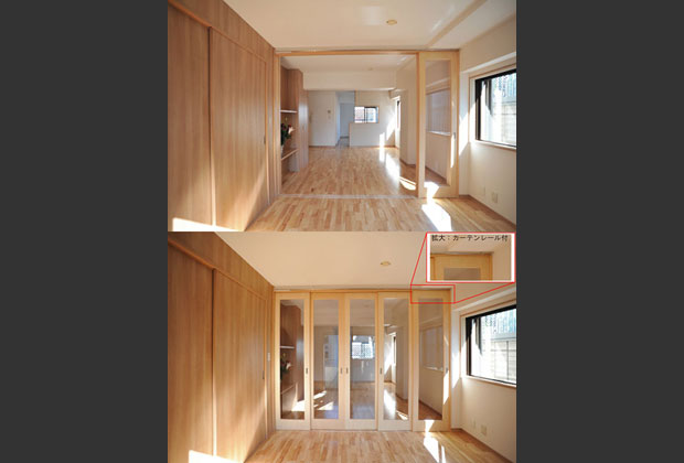 洋室の透明な框戸は将来のプライバシー確保のため、カーテン付