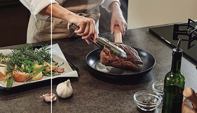 株式会社 LIXIL　システムキッチン　リシェルSI 熱にもキズにも汚れにも強い。調理に専念しやすい丈夫なセラミックトップ