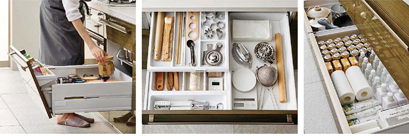 株式会社 LIXIL　システムキッチン　リシェルSI 調理する人の動線にそって少ない動きで、道具をらくにパッと取り出せます。
