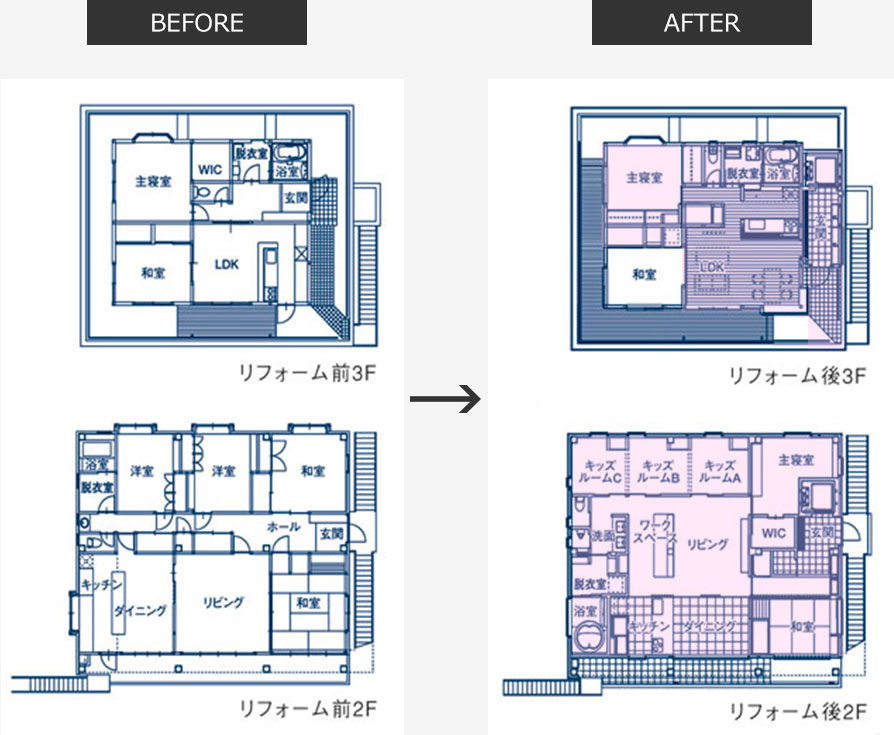 5人家族でも格子間仕切りで大空間を実現した間取り変更