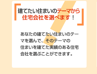 建てたい住まいのテーマから住宅会社を選べます！あなたの建てたい住まいのテーマを選んで、そのテーマの住まいを建てた実績のある住宅会社を選ぶことができます。