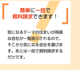 簡単に一括で資料請求できます！気になるテーマの住まいが得意な会社が一覧表示されるので、そこから気になる会社を選びます。あとは一括で資料請求するだけです。